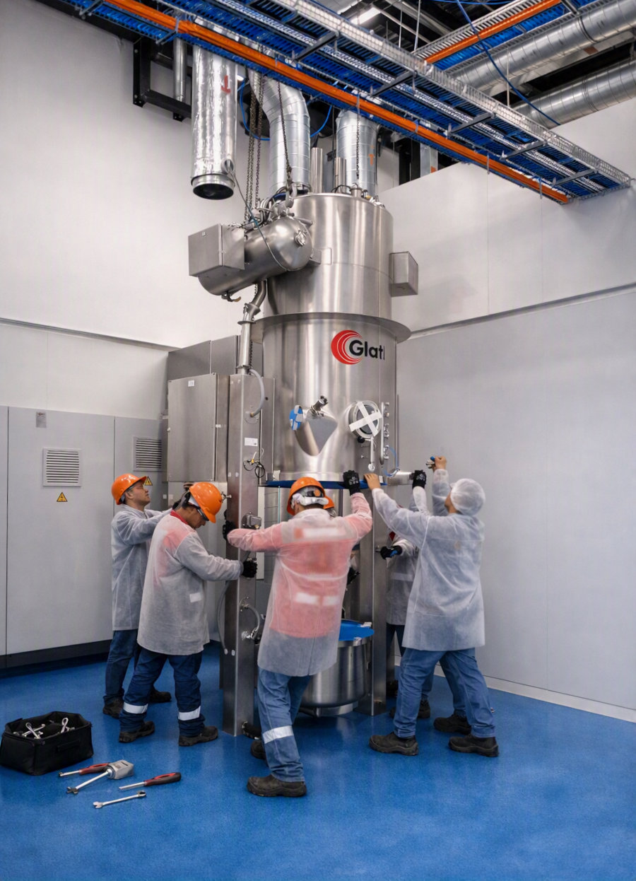 Equipo técnico durante el montaje y puesta en marcha de un equipo de proceso